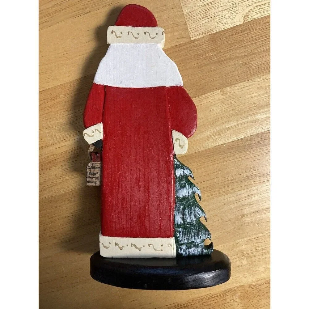Vtg Handpainted Wooden Santas w Xmas Trees 10.25in Tall 5.5in Base Holiday Decor